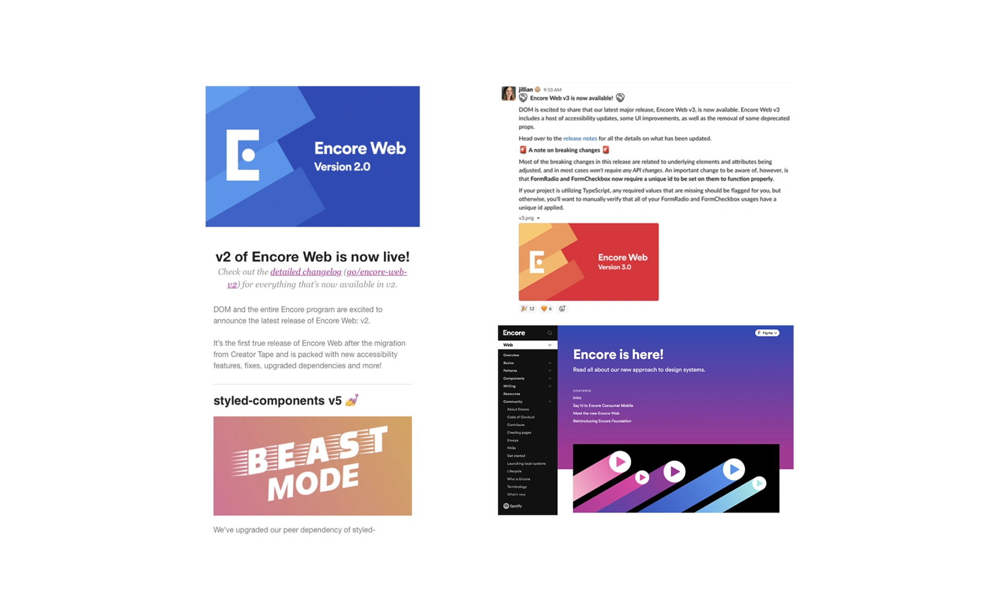 Screenshots of email, Slack and website communication for new releases of Encore systems